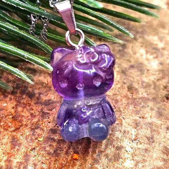 Beautiful Nature Fluorite Carved Kitty Wire Heart Pendant Necklace - Picture 1 of 10